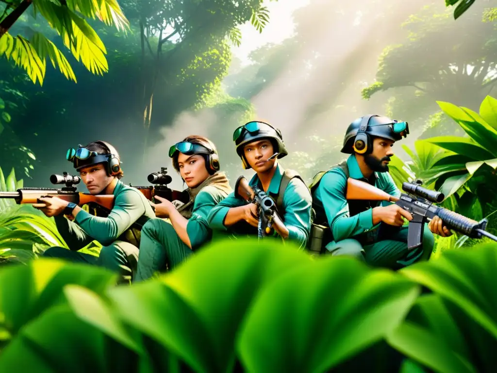 Un equipo de jugadores de Free Fire se prepara para organizar emboscadas efectivas en la densa jungla, camuflados entre la vegetación