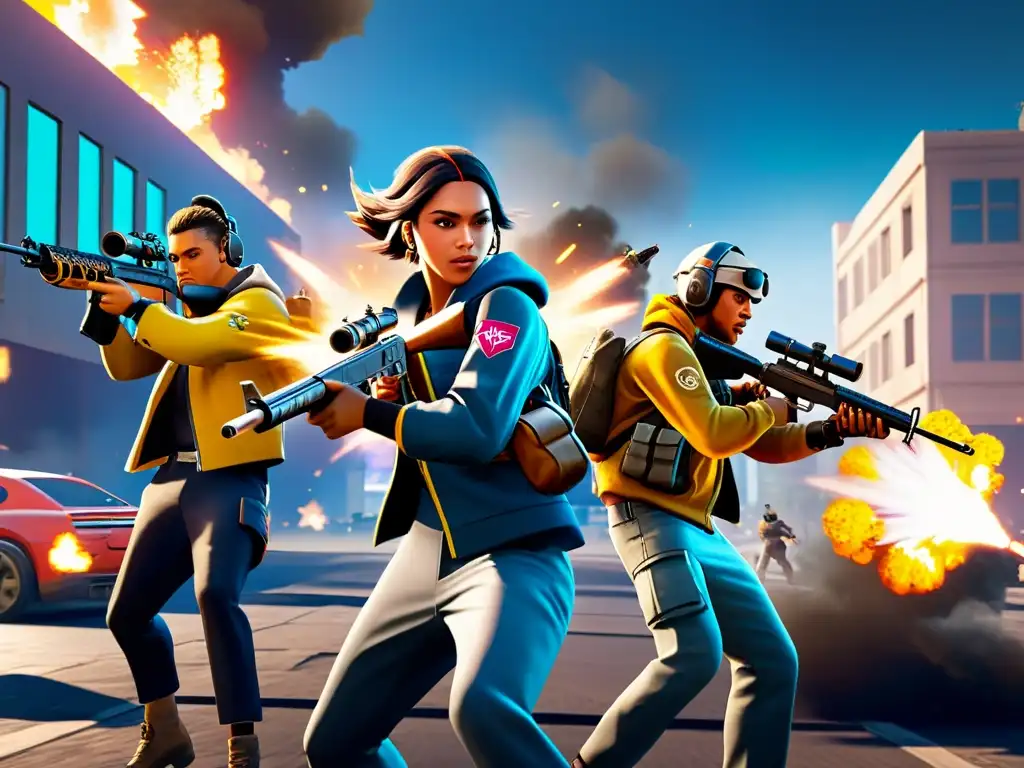 Equipo de jugadores enfrentando a varios enemigos en Free Fire en un intenso combate urbano