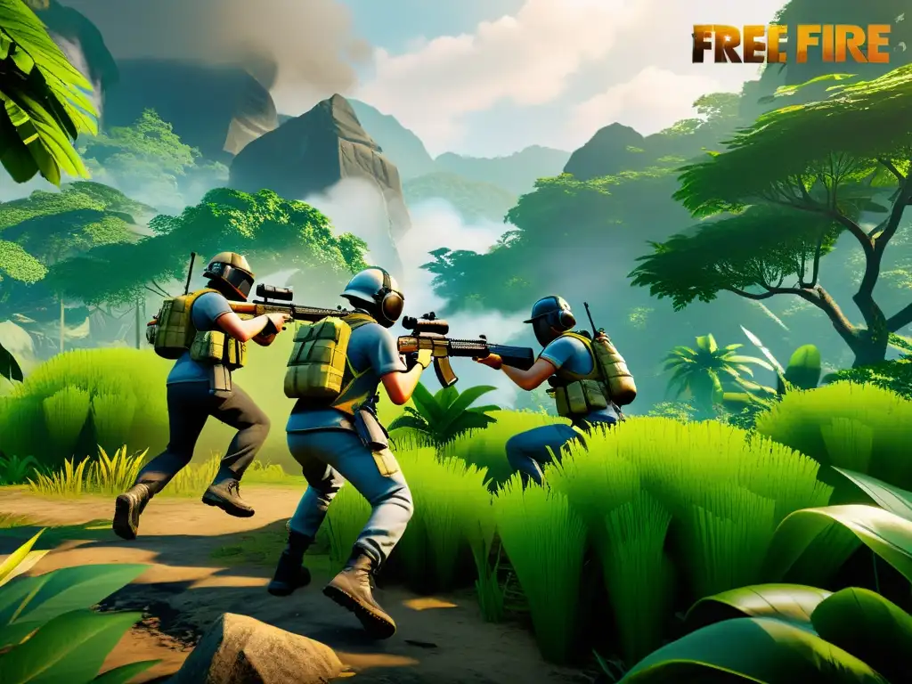 Equipo de jugadores de Free Fire utilizando el entorno estratégicamente en la densa jungla