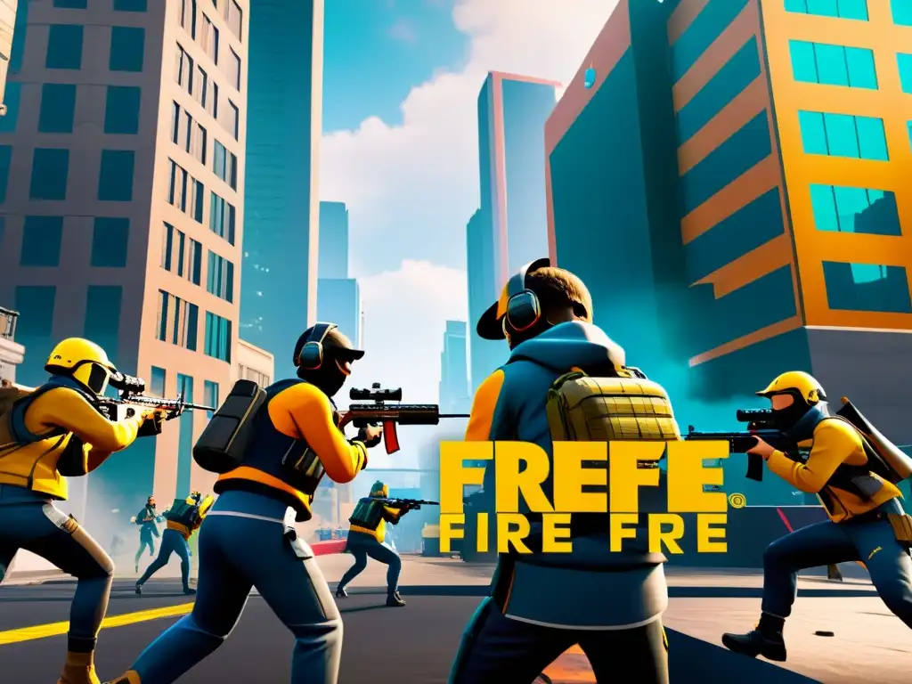 Equipo de jugadores de Free Fire usando estratégicamente el entorno urbano para ganar ventaja en intensa batalla