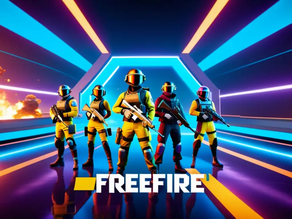 Un equipo de jugadores de Free Fire con equipamiento sincronizado y estratégicamente posicionados en una arena futurista de alta tecnología