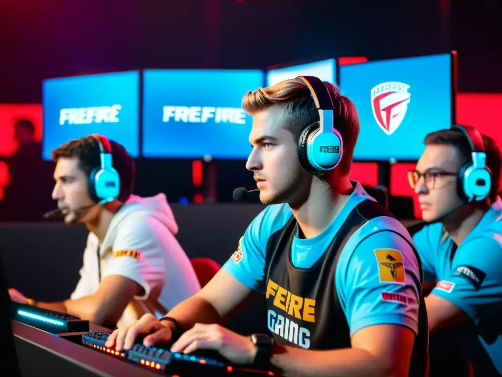 Equipo de jugadores de FreeFire eSports concentrados en estrategias durante un torneo