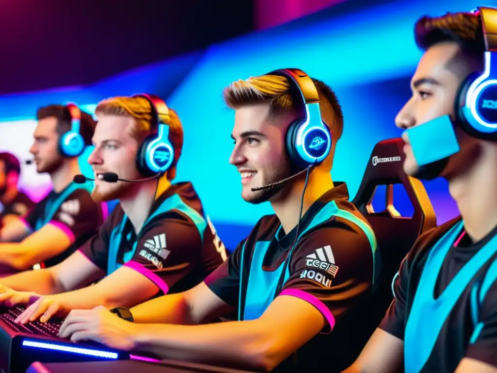 Un equipo de jugadores de esports usa headsets y camisetas con logos, en una arena de juegos futurista y vibrante