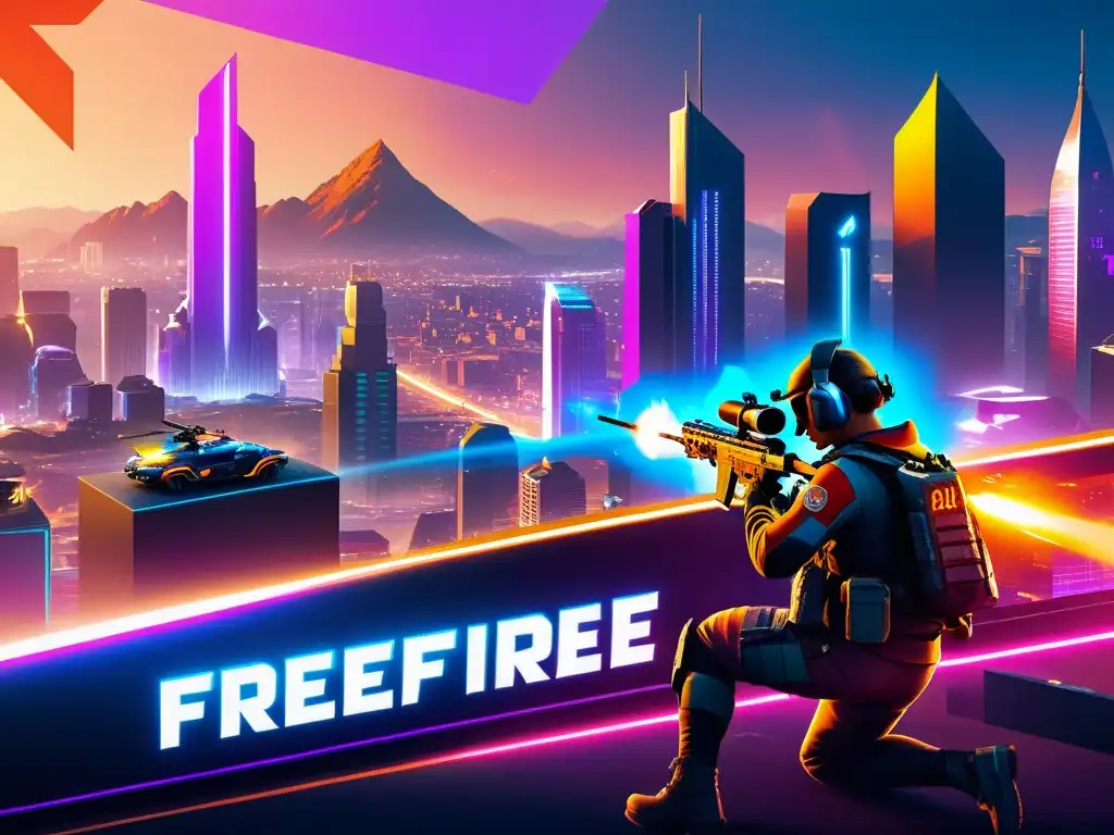 Equipo de jugadores de FreeFire ejecutando estrategias algorítmicas avanzadas en un campo de batalla urbano futurista