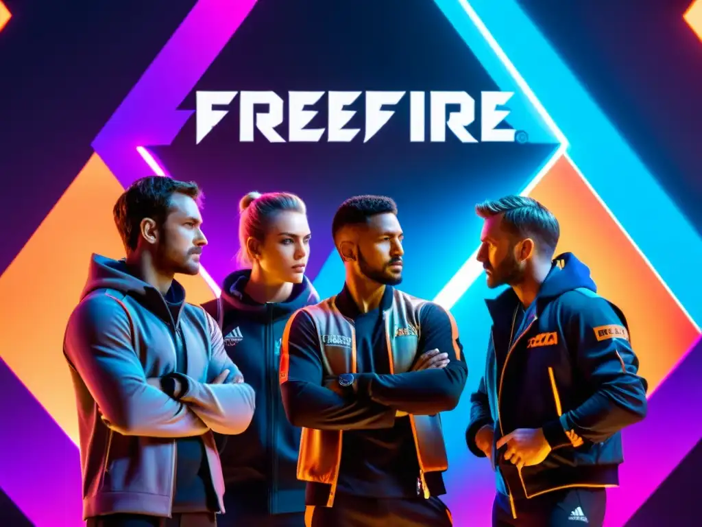 Un equipo de jugadores de FreeFire se reúne, experimentando estrategias y armas en un escenario futurista y neoniluminado