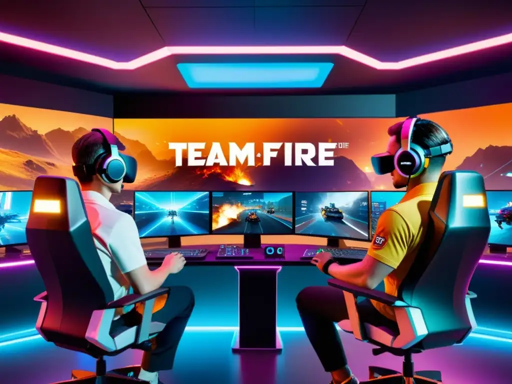 Un equipo de jugadores de Free Fire utiliza IA para estrategias en un centro de mando futurista y virtual