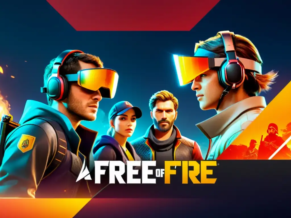 Equipo de jugadores de Free Fire planeando estrategias para superar desafíos en un campo de batalla intenso y futurista