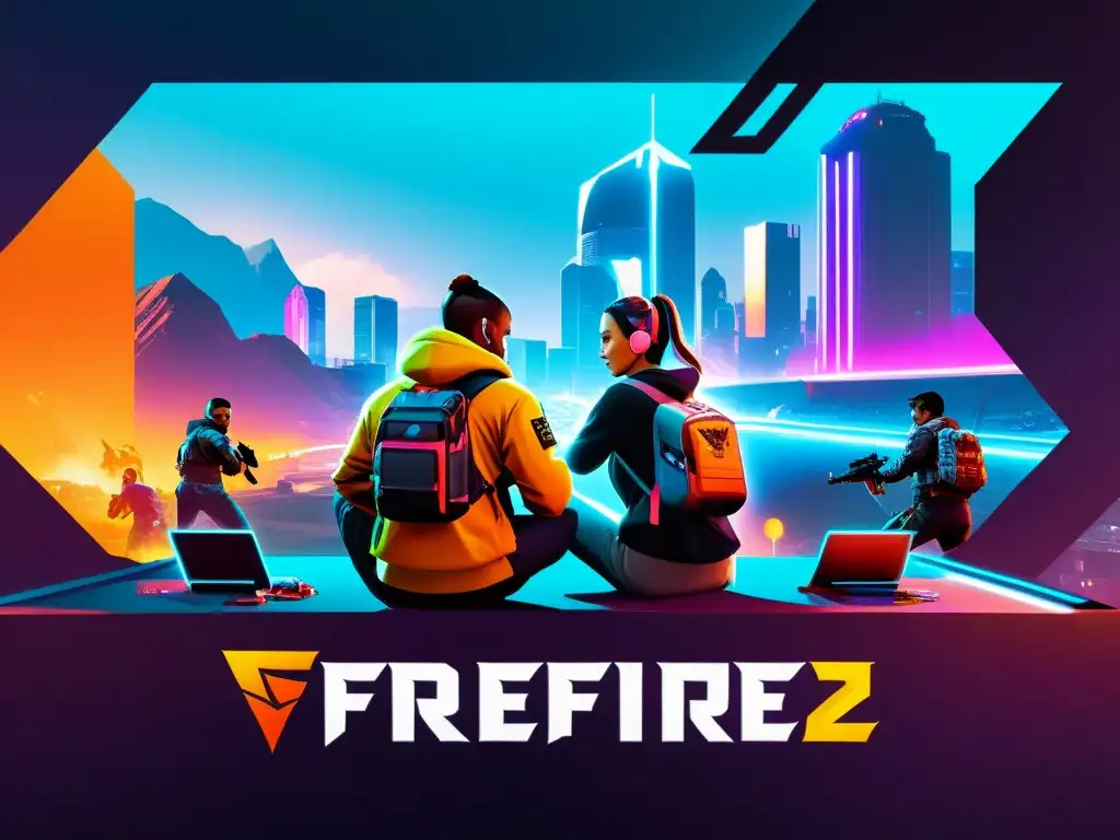 Un equipo de jugadores de FreeFire planeando estrategias de equipo en un paisaje urbano futurista y lleno de luces de neón