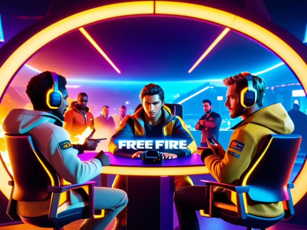 Un equipo de jugadores de Free Fire innova estrategias con intensa concentración y determinación, en un ambiente futurista y colaborativo