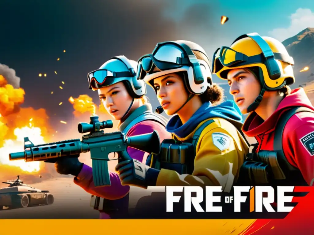 Equipo de jugadores de Free Fire planificando estrategias en medio de la acción intensa