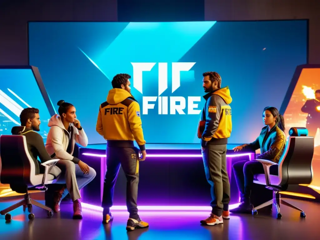 Un equipo de jugadores de Free Fire planificando estrategias en un moderno y futurista arena de juego