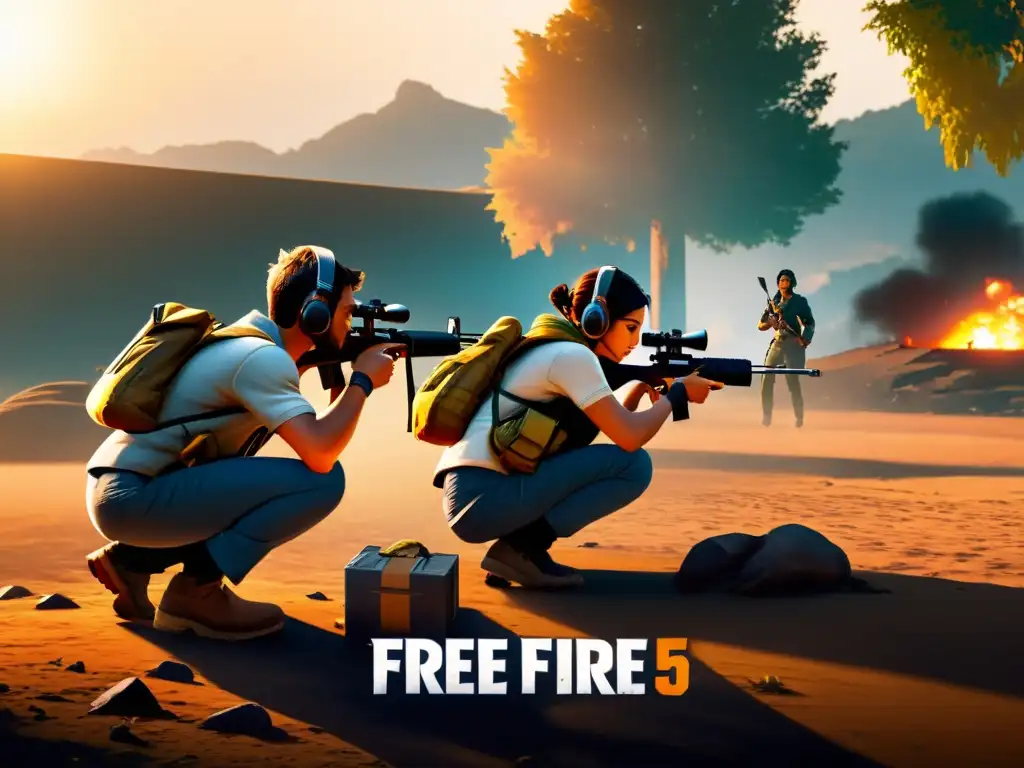 Equipo de jugadores en Free Fire planificando estrategias psicológicas al atardecer