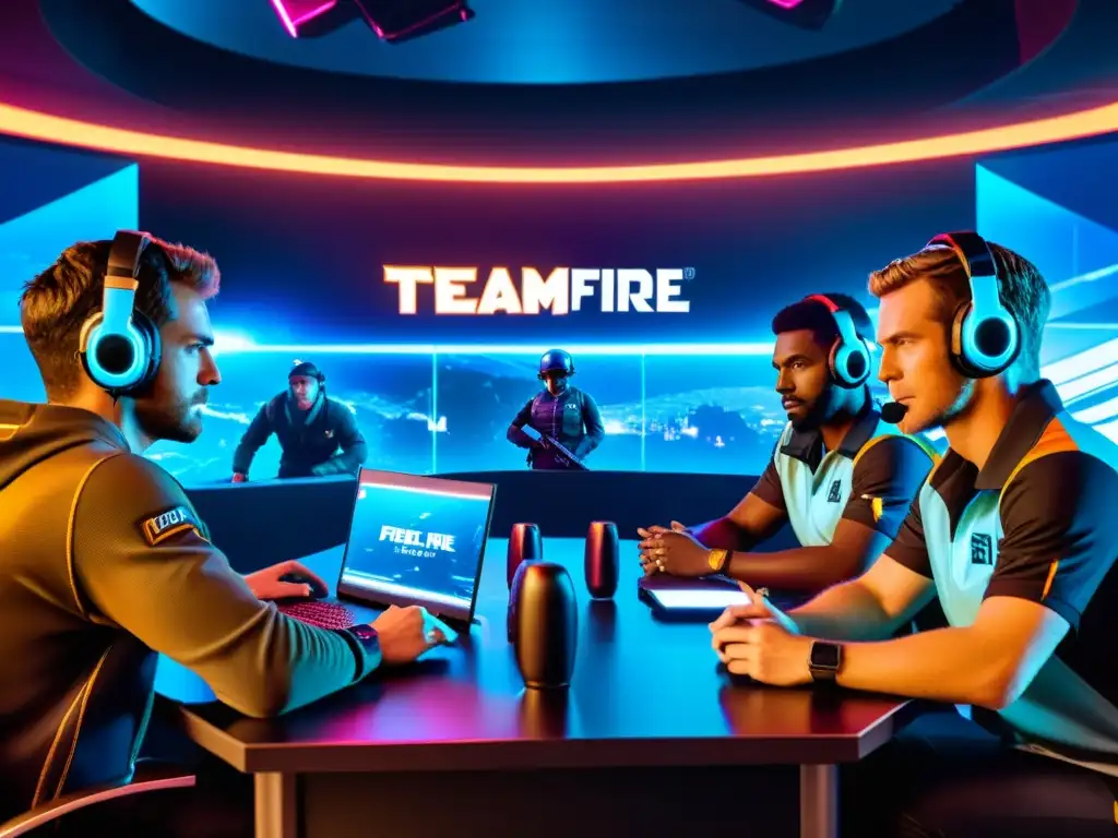 Un equipo de jugadores de Free Fire planificando estrategias en una sala de guerra futurista, con expresiones intensas y equipamiento especializado