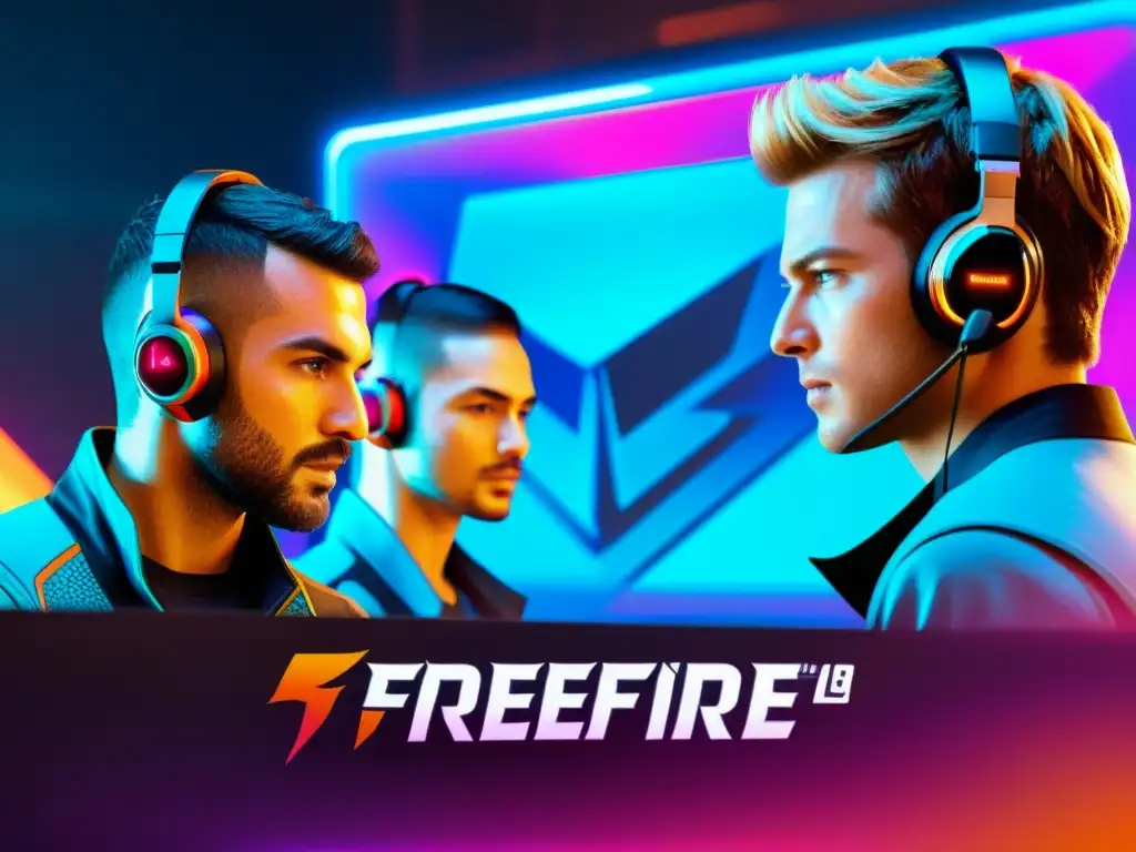 Un equipo de jugadores de FreeFire ajustando estrategias en tiempo real frente a un holograma futurista