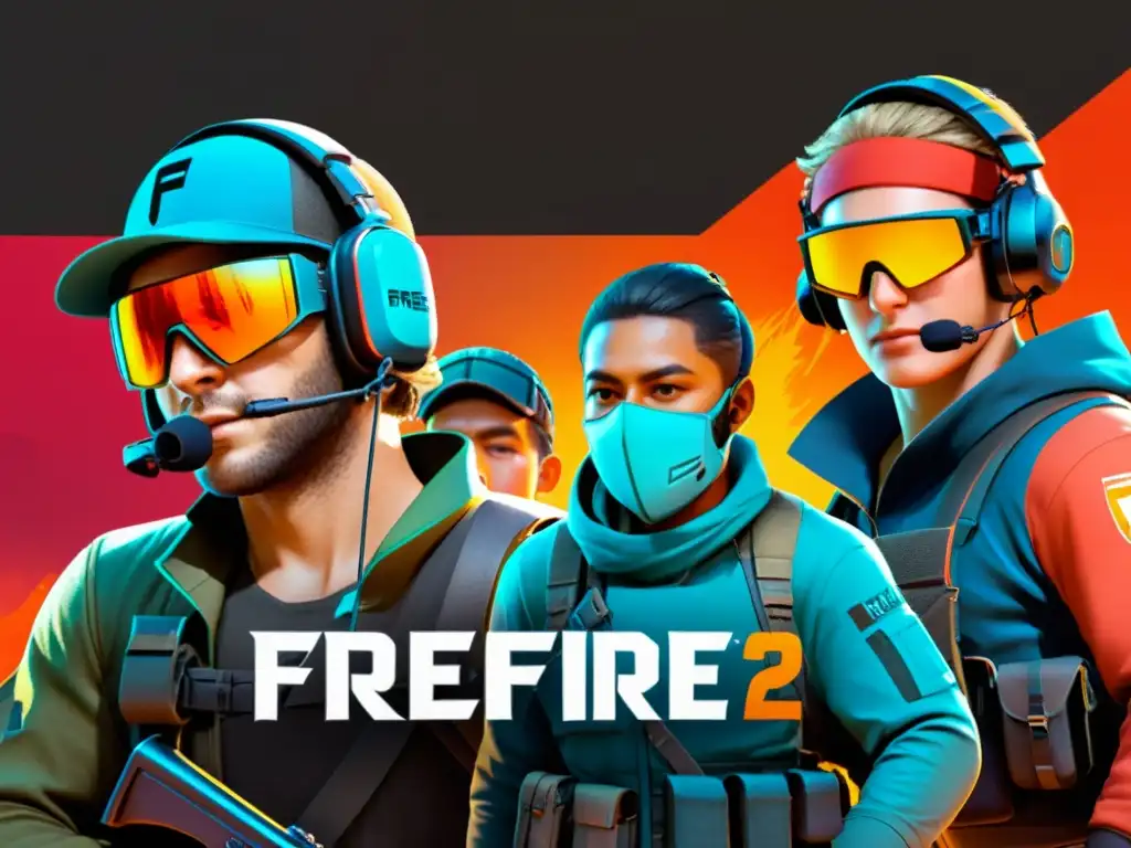 Un equipo de jugadores de FreeFire planificando estrategias dentro de la zona segura, con intensa concentración y táctica