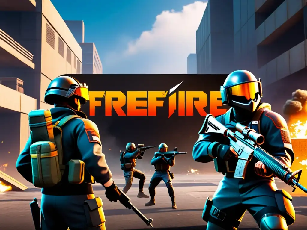 Un equipo de jugadores de FreeFire en acción estratégica en un entorno urbano de alta intensidad