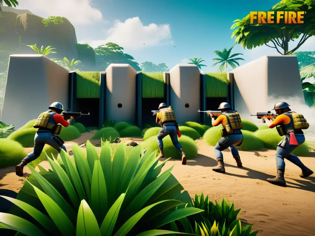 Un equipo de jugadores de Free Fire construye estratégicamente una fortaleza móvil con coberturas y barricadas en un entorno tropical exuberante