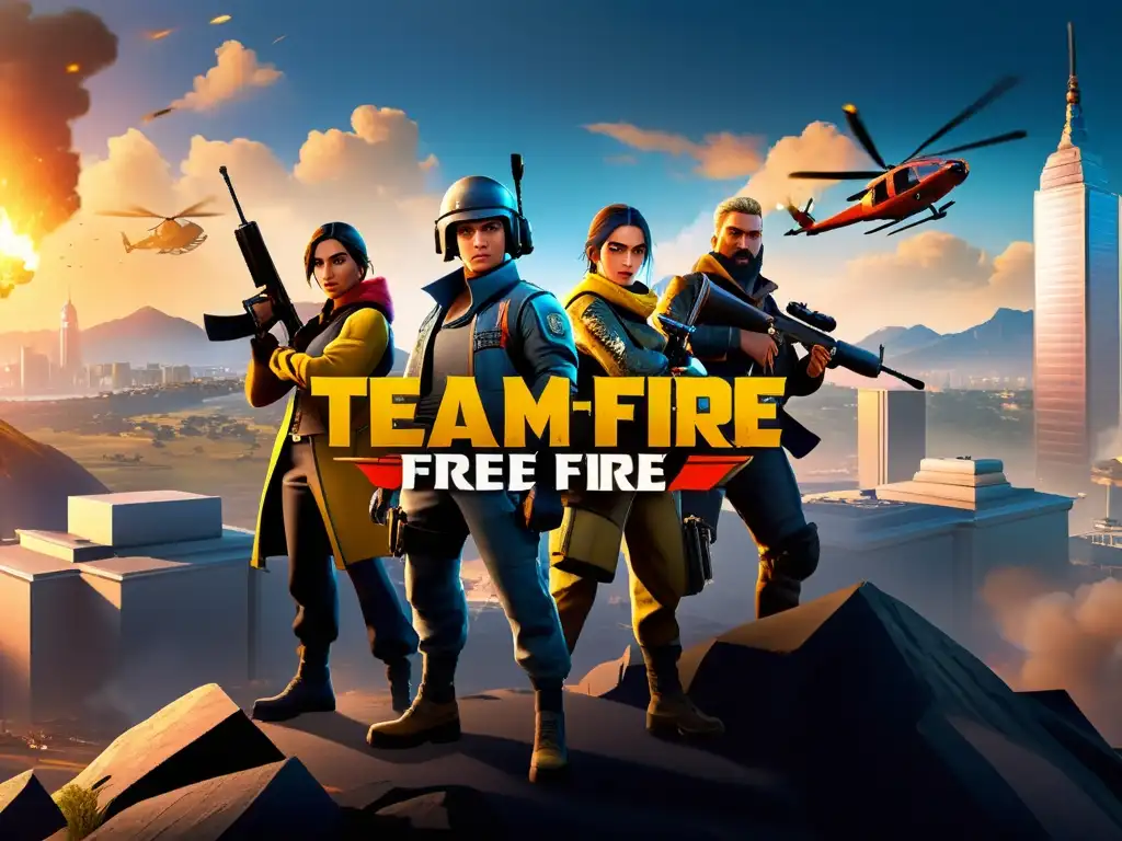 Equipo de jugadores de Free Fire en intensa batalla urbana, aplicando las mejores estrategias en el evento intercambio