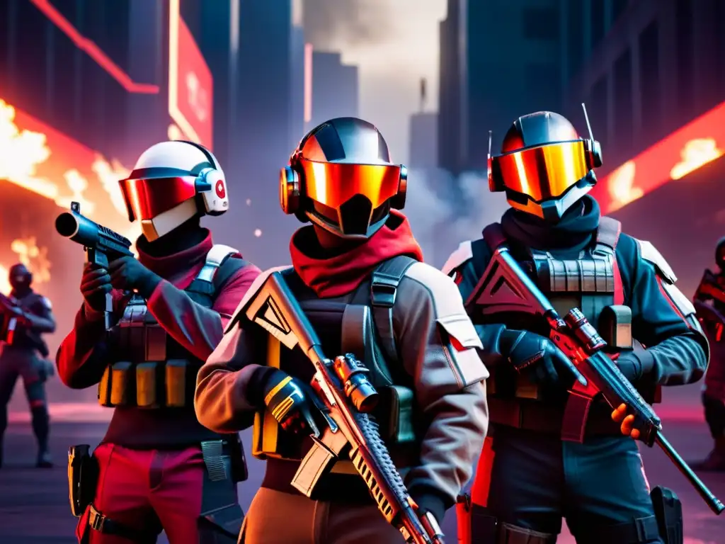 Equipo de jugadores de Free Fire estrategizando para sobrevivir en la intensa zona roja del juego, con armas futuristas y determinación