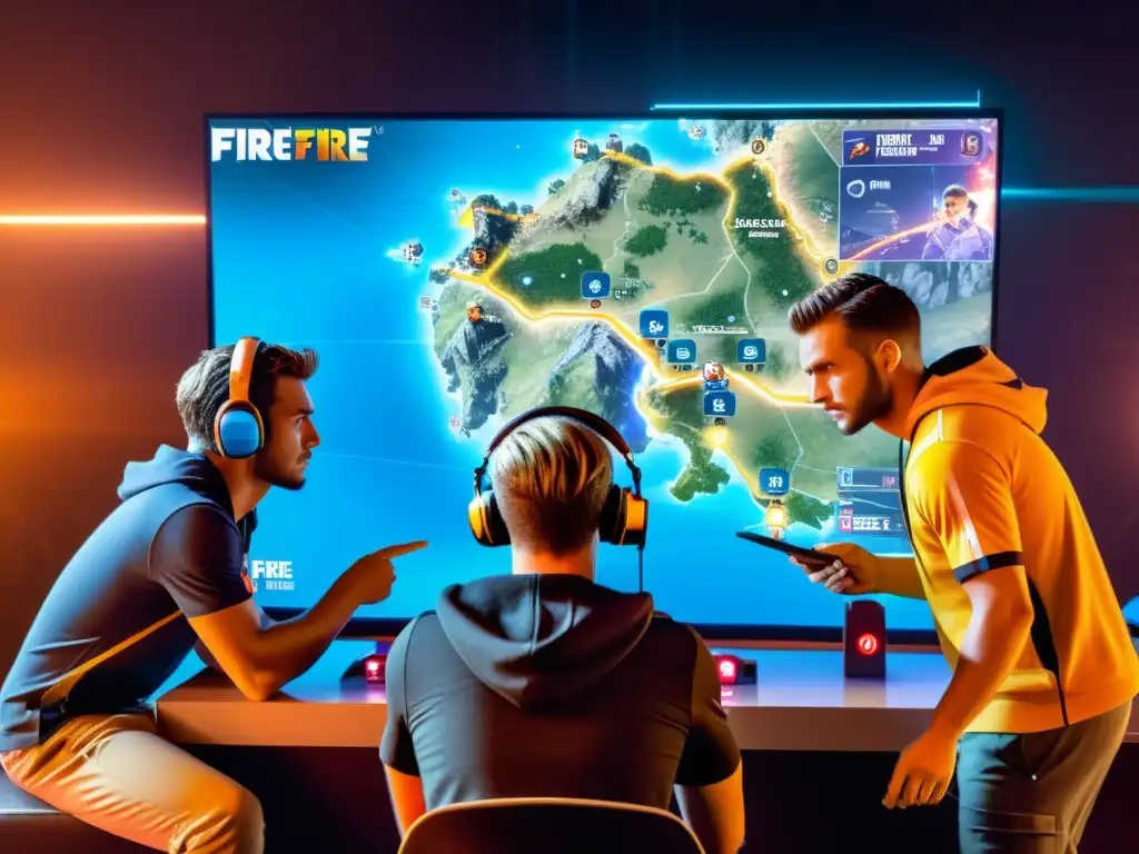 Un equipo de jugadores intensos discute estrategias sobre el detallado mapa de Free Fire, rodeados de tecnología y luces futuristas