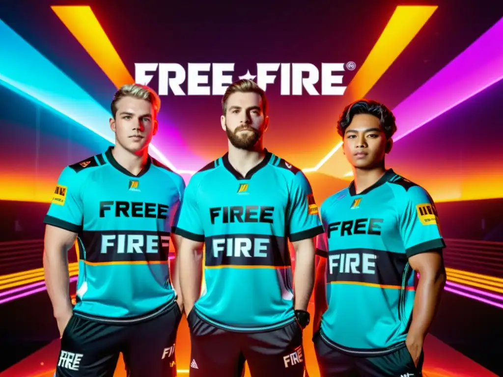 Un equipo de jugadores de Free Fire con jerseys personalizados en un ambiente futurista y profesional