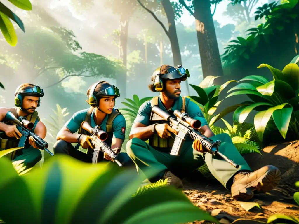 Equipo de jugadores de Free Fire en la jungla, en alerta para predecir comportamiento enemigo