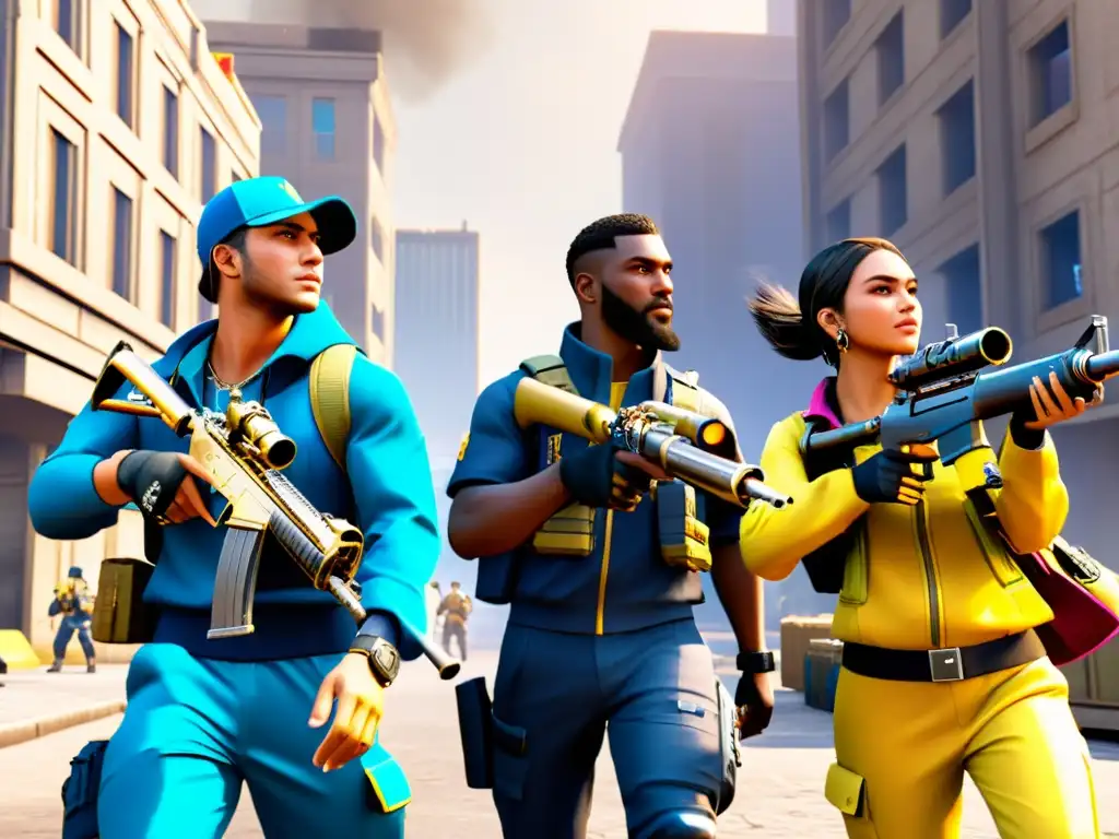 Equipo de jugadores de Free Fire optimizando loot en un entorno urbano denso, mostrando determinación y enfoque