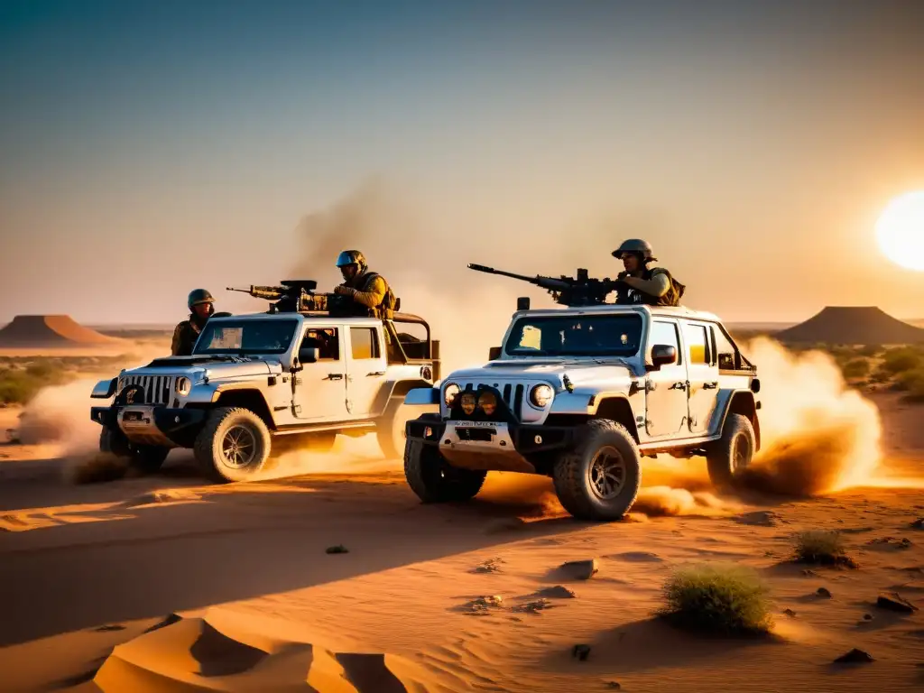 Equipo de jugadores de FreeFire en el mapa Kalahari, desplegando estrategias de combate entre vehículos abandonados y el paisaje árido al atardecer