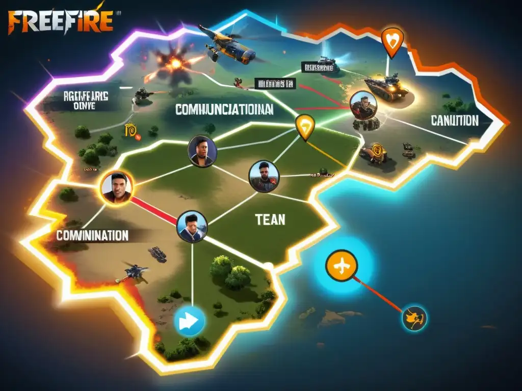 Equipo de jugadores en mapa de FreeFire, mejorando tácticas y estrategias para ganar