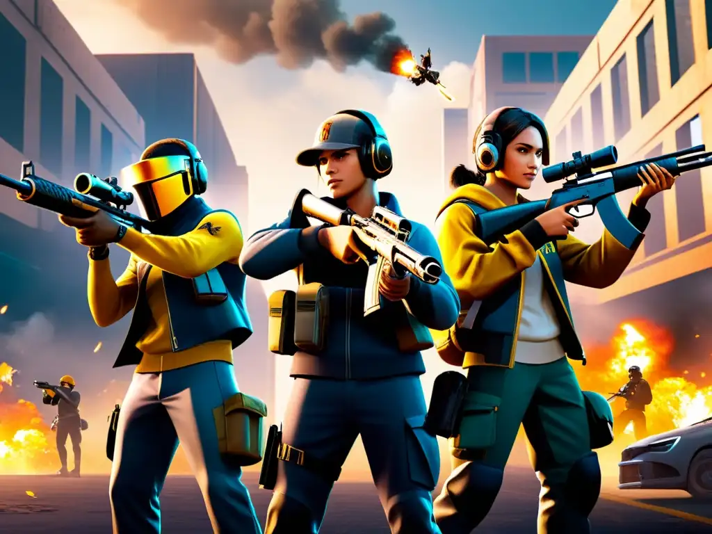 Un equipo de jugadores de Free Fire muestra sus mejores estrategias, coordinando tácticas con armas avanzadas en un vibrante escenario urbano