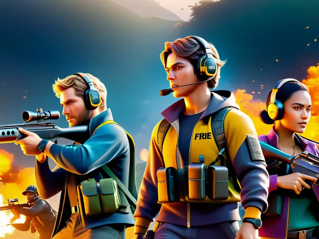 Equipo de jugadores de Free Fire preparando las mejores estrategias detrás de coberturas, inmersos en el vibrante entorno del juego