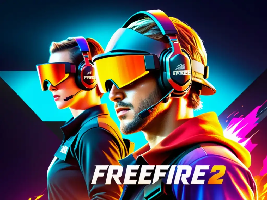 Equipo de jugadores de FreeFire con mejores tácticas visuales, concentrados y armados, en un intenso escenario de combate y tecnología futurista