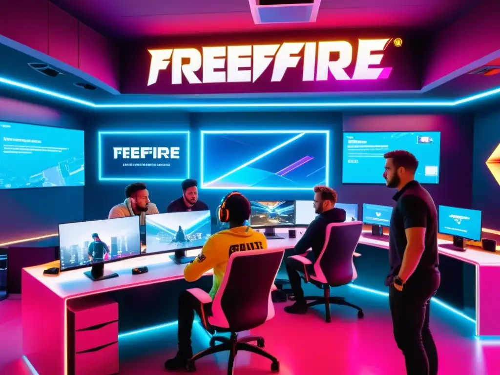 Equipo de jugadores de FreeFire crea mods legales en oficina moderna y vibrante con código y diseño de juego en pantallas