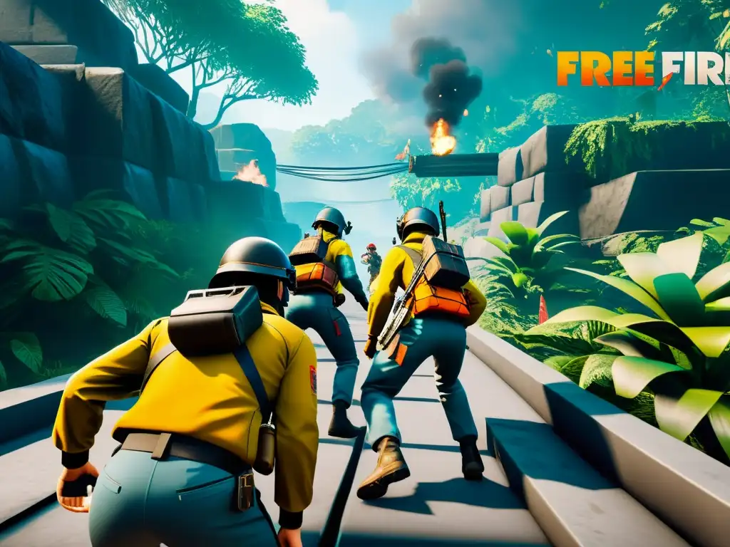 Un equipo de jugadores de Free Fire planificando movimientos estratégicos en la jungla