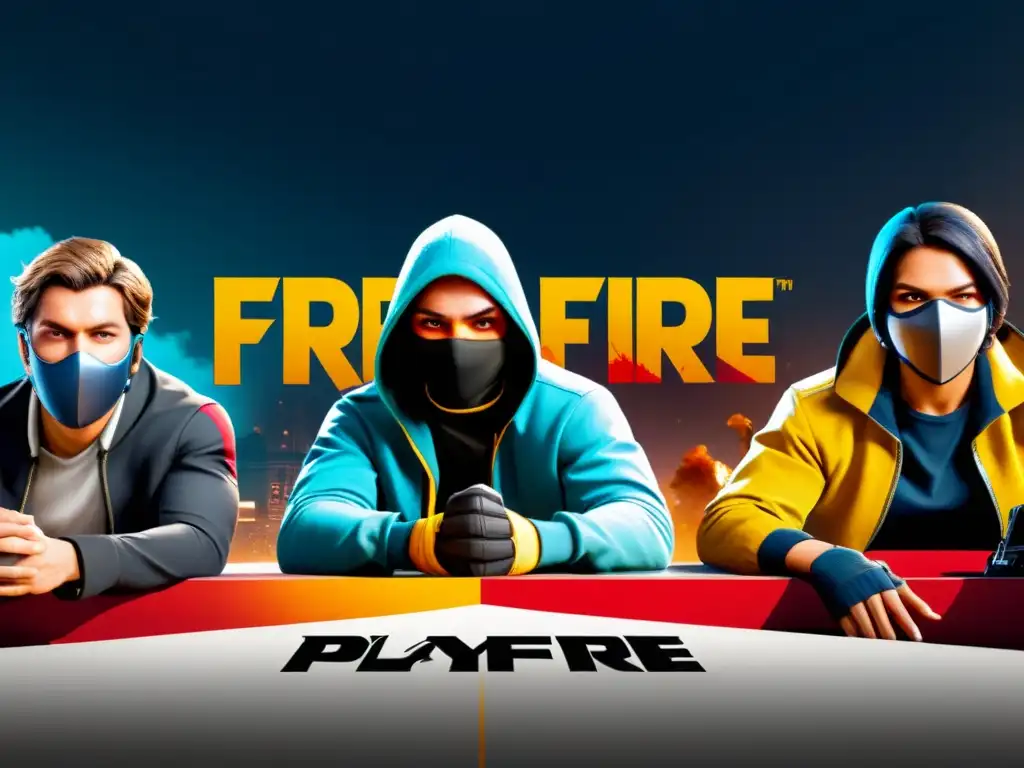 Un equipo de jugadores de Free Fire ocultos tras obstáculos, con máscaras y capuchas, planificando estratégicamente técnicas bluffing en Free Fire