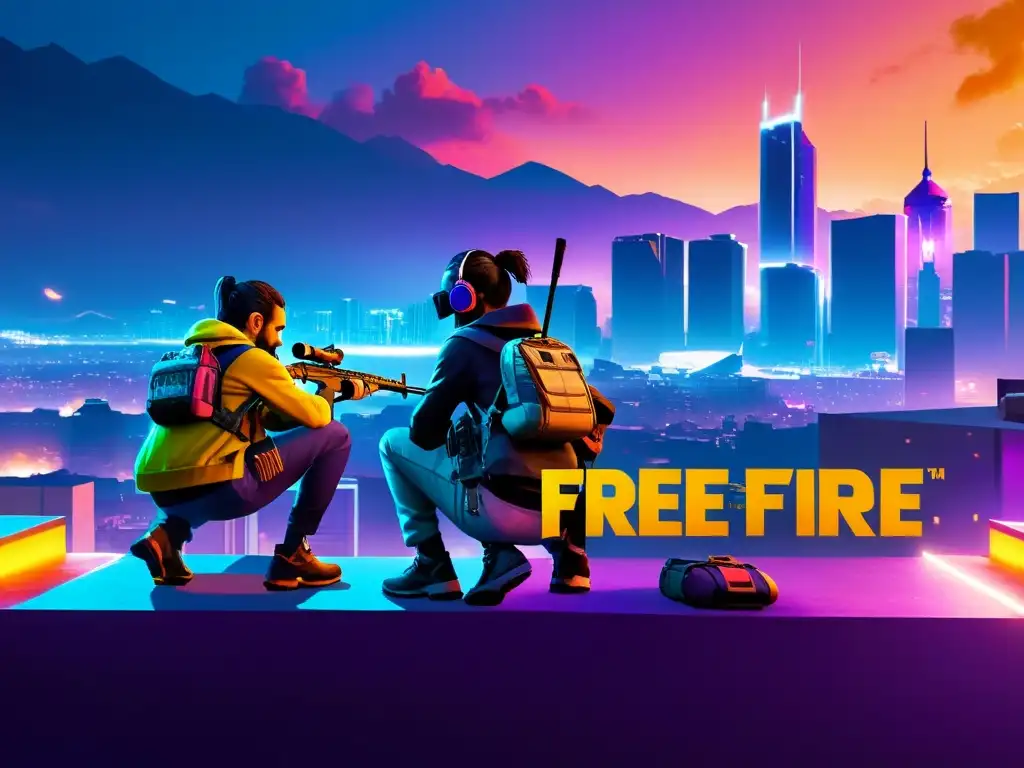 Equipo de jugadores de Free Fire en acción estratégica sobre un paisaje urbano iluminado