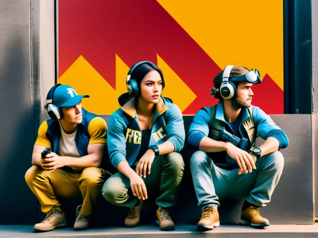 Un equipo de jugadores de Free Fire se agacha detrás de una pared, planeando su próxima estrategia