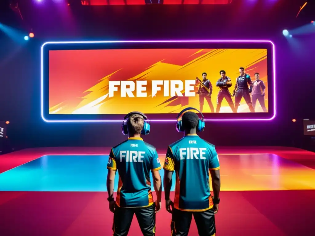 Equipo de jugadores de Free Fire con patrocinio de marcas, frente a pantalla LED vibrante