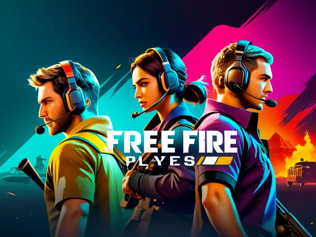 Equipo de jugadores de Free Fire en plena estrategia de combate, listos para ejecutar un flanqueo