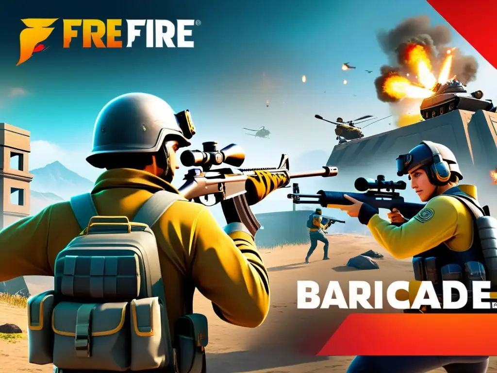 Un equipo de jugadores de Free Fire fortifica su posición con barricadas y estructuras defensivas, coordinando tácticas para anticipar un ataque