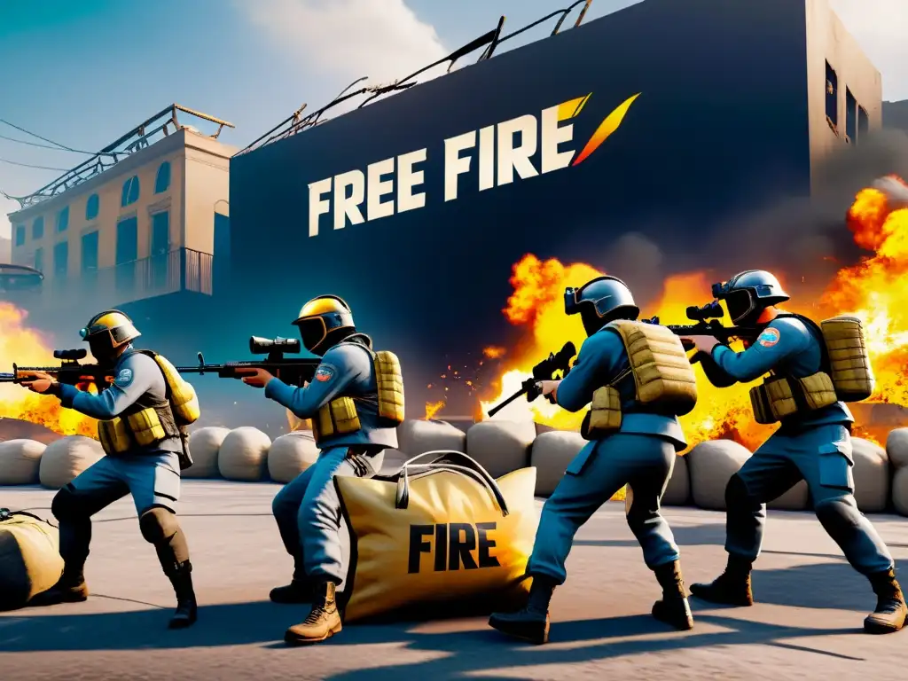 Un equipo de jugadores de Free Fire fortifica su posición en un paisaje urbano, con barricadas y alambradas