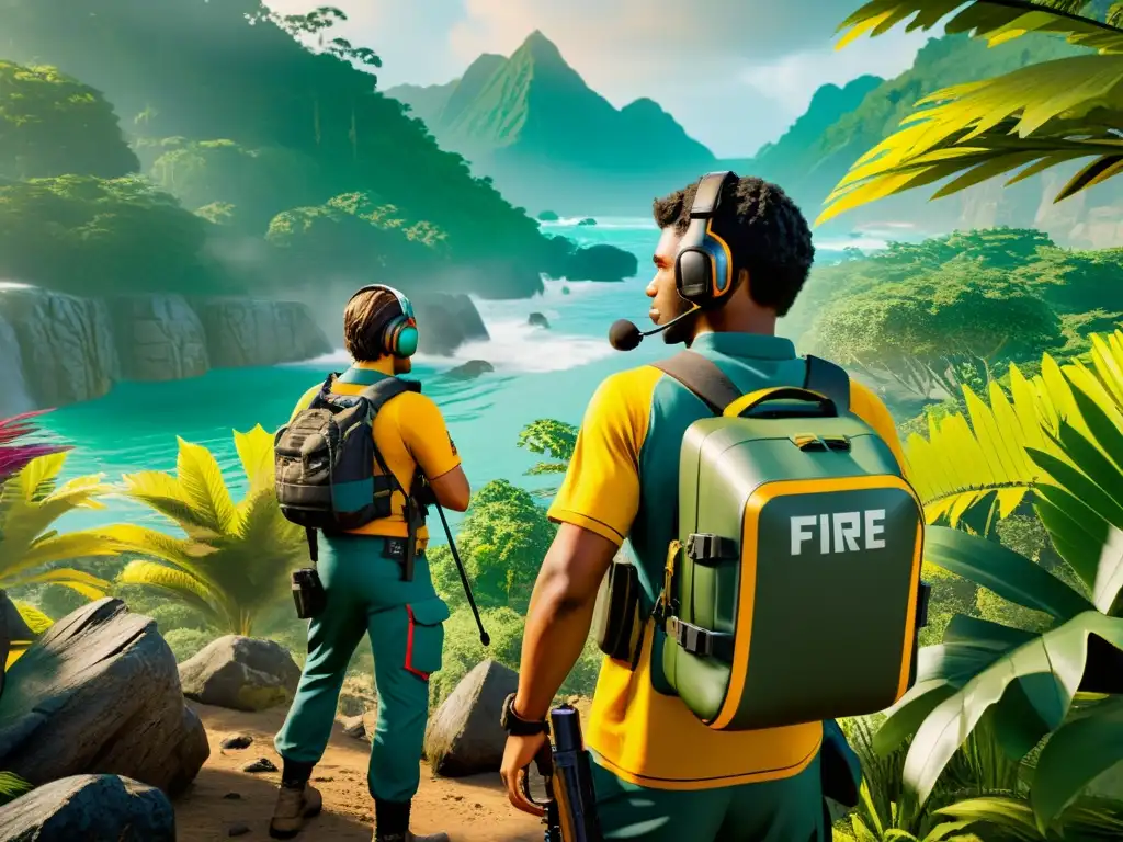 Un equipo de jugadores de Free Fire estratégicamente posicionados en un denso bosque del mapa Bermuda, planificando cuidadosamente su próximo movimiento mientras vigilan el paisaje en busca de oponentes