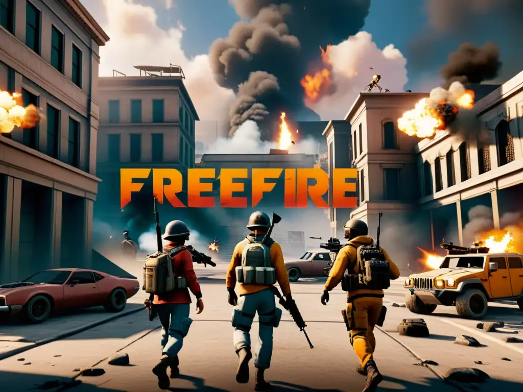 Equipo de jugadores en FreeFire, estratégicamente posicionados en un entorno urbano en ruinas