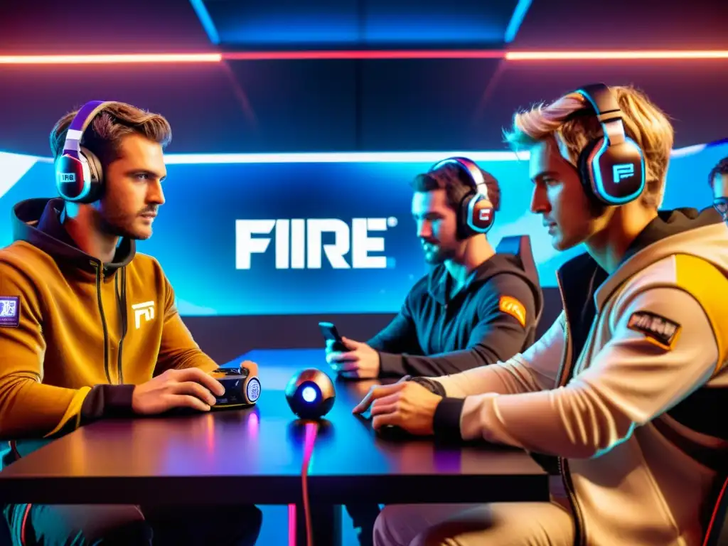 Equipo de jugadores profesionales de Free Fire en una arena futurista, colaborando y creando estrategias colaborativas