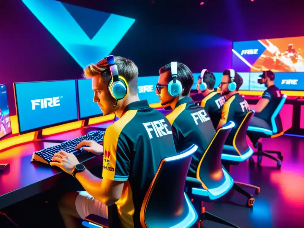 Un equipo de jugadores profesionales de Free Fire en una arena de juego futurista, concentrados y equipados con auriculares y camisetas de marca