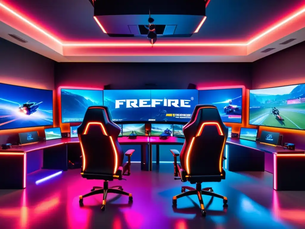 Un equipo de jugadores profesionales de FreeFire elaborando estrategias en un estudio de juego moderno y elegante