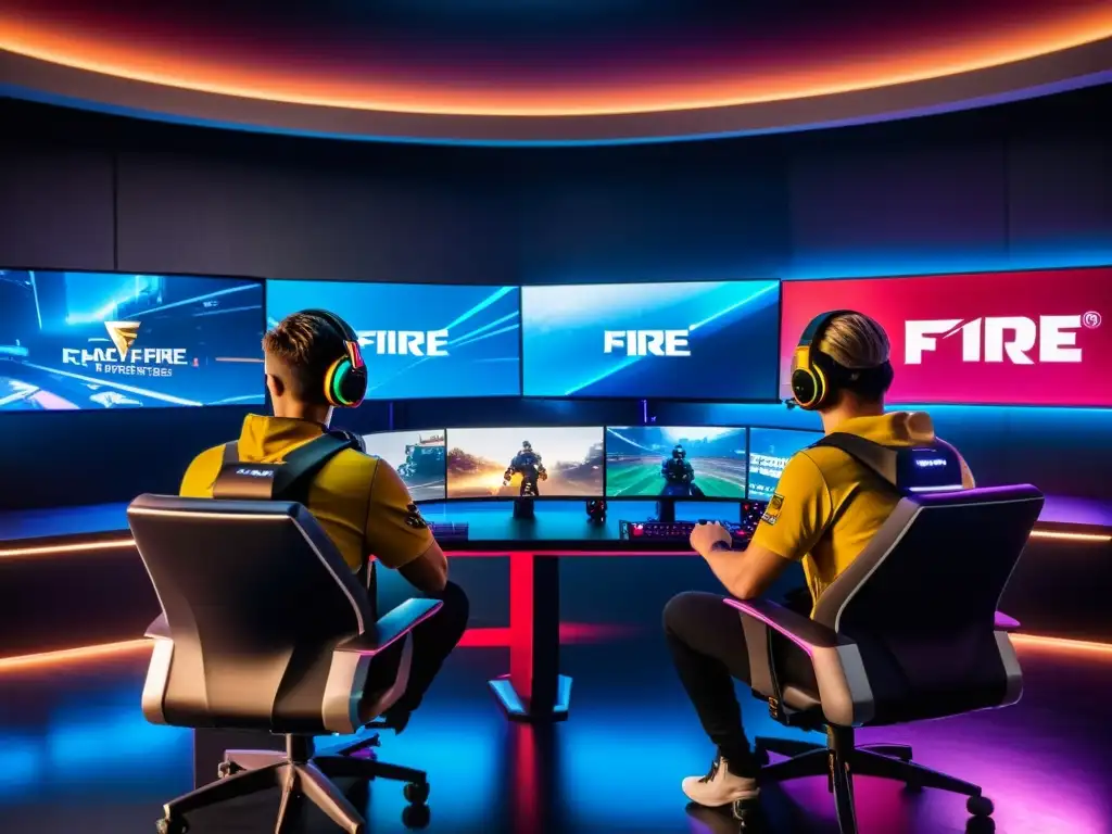 Un equipo de jugadores profesionales de Free Fire se concentra intensamente en estrategias en una sala futurista y tecnológica