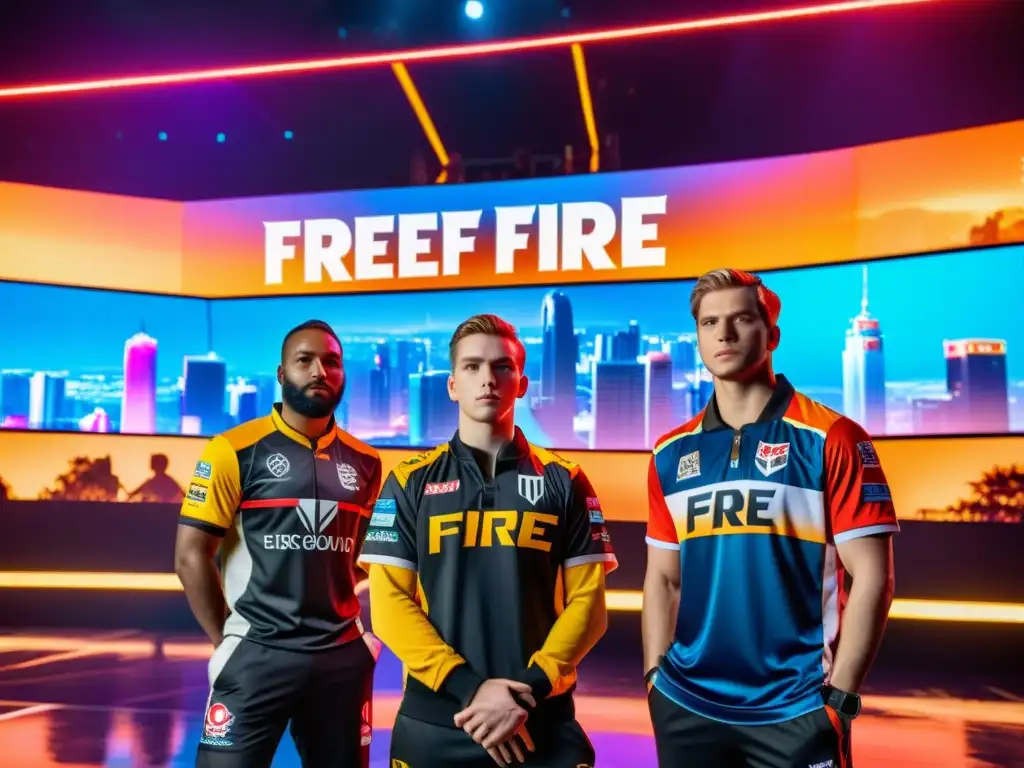 Equipo de jugadores profesionales de Free Fire frente a pantalla LED, rodeados de ambiente urbano y patrocinios que transforman Free Fire