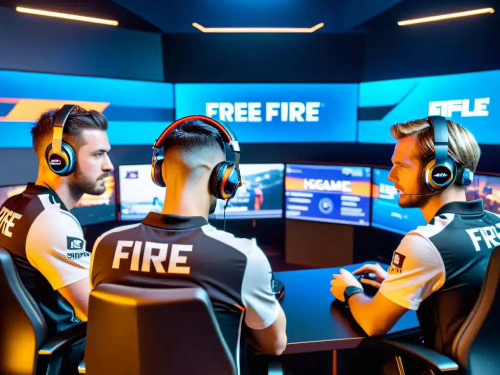 Equipo de jugadores profesionales de Free Fire practicando tácticas en un estudio de juegos de alta tecnología, buscando atraer patrocinadores con su determinación y colaboración