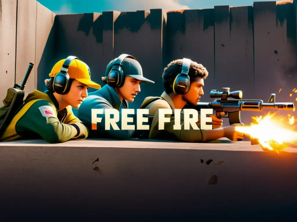 Equipo de jugadores de Free Fire planificando tácticamente su próximo movimiento en mitad del caos